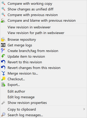 The Revision Log Dialog Top Pane with Context Menu